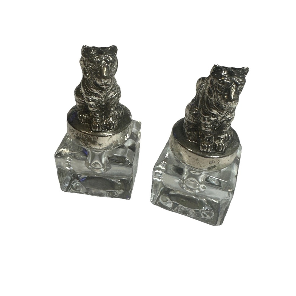 ARTHUR COURT Tiger Salt & Pepper Shaker Set Glass Square Cube 3" Mini Silvertone